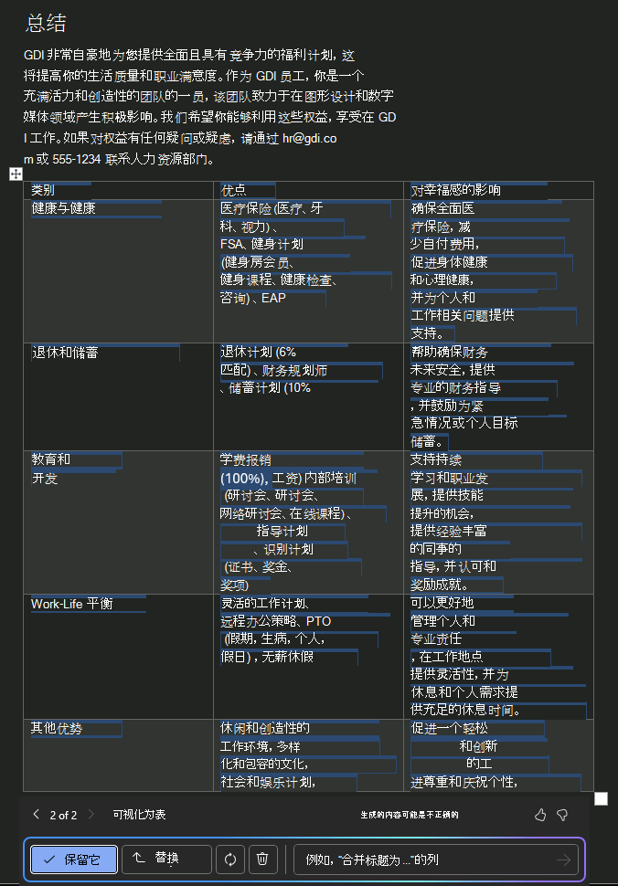 使用 Word 中的 Copilot 针对示例文档设计的提示结果的屏幕截图。
