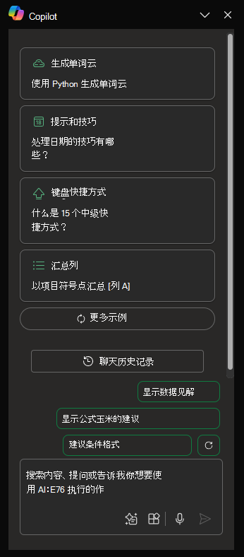 Excel 中的 Copilot 面板首次打开时的屏幕截图。