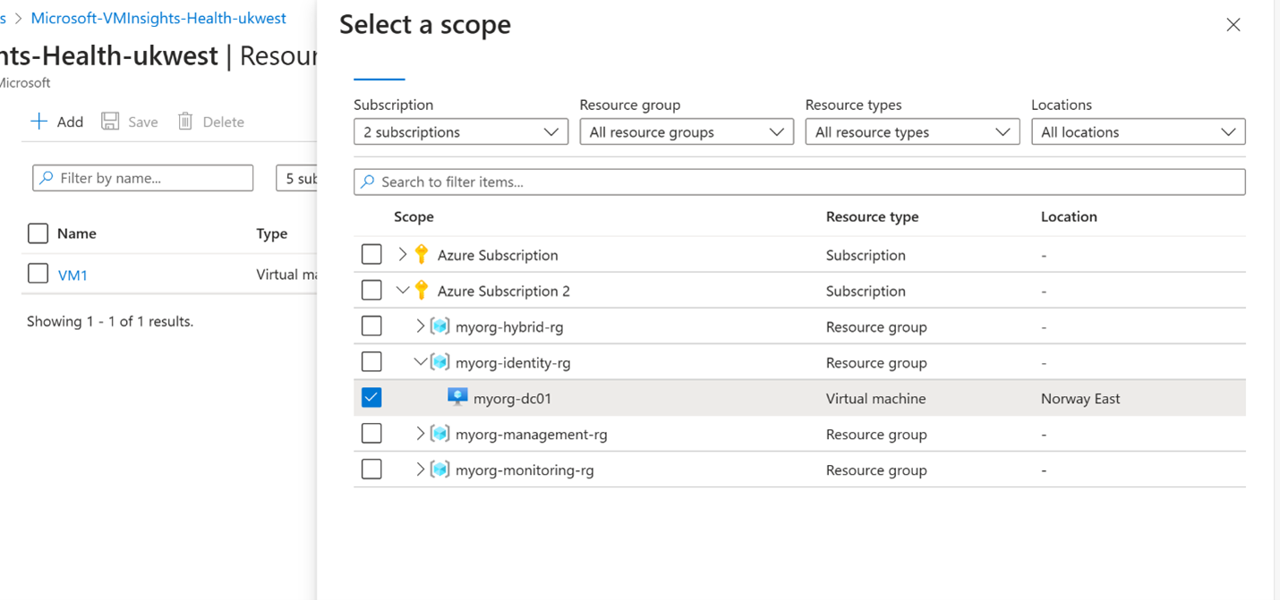 选择“添加”按钮后,Azure 门户数据收集规则的“选择范围”窗格的屏幕截图。