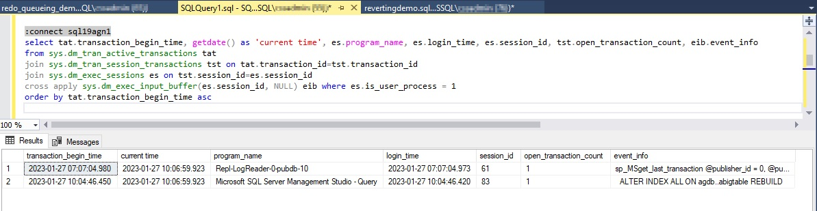 屏幕截图显示了任何打开的事务的开始时间和当前时间。