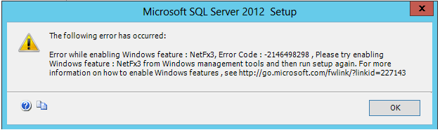 SQL Server 2012 安装错误消息的屏幕截图:启用 Windows 功能时出错。