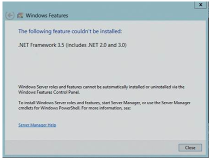完整服务器上的 .Net Framework 3.5 安装错误消息的屏幕截图:无法安装以下功能。
