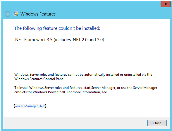 .Net Framework 3.5 安装错误消息的屏幕截图:无法安装以下功能。