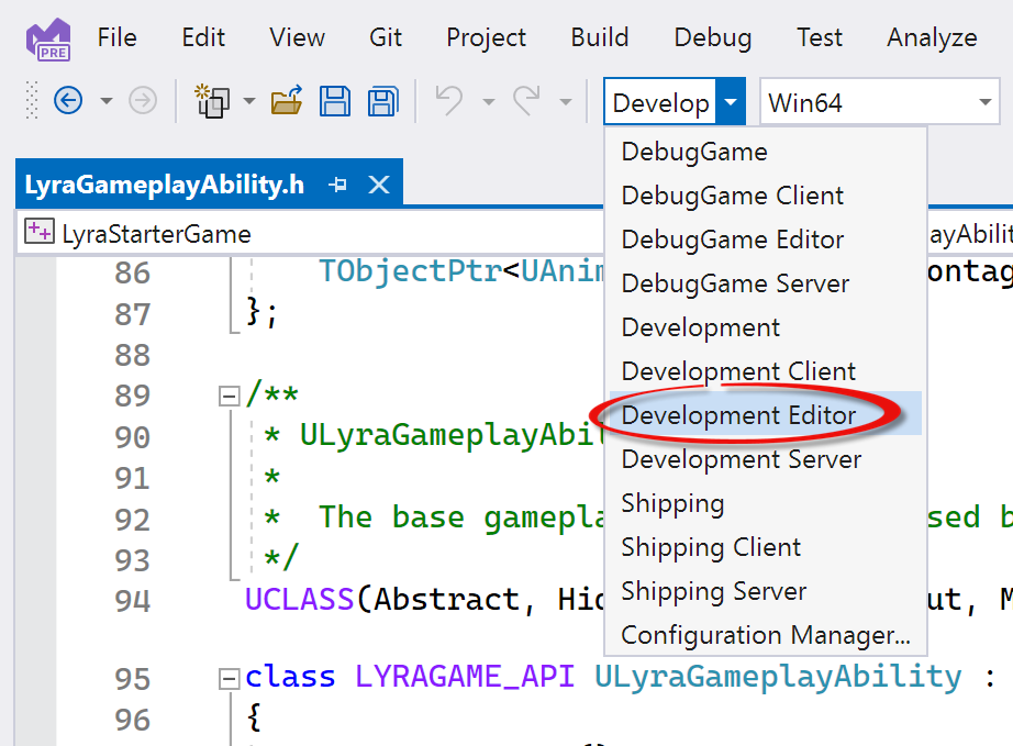Visual Studio 的屏幕截图,其中展开了“解决方案配置”下拉列表,并选择了“开发编辑器”。