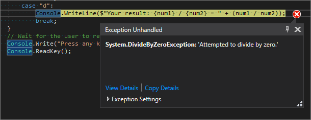 Visual Studio 代码编辑器的屏幕截图,其中以黄色突出显示了一行,并显示了“尝试除以零”的“未经处理的异常”错误。