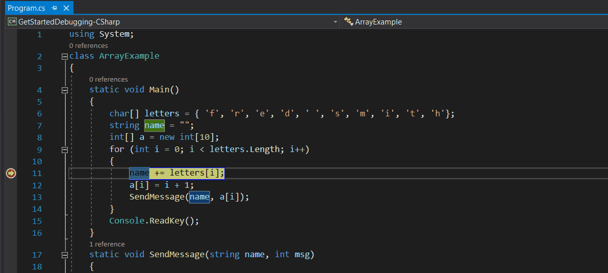 Visual Studio 调试器的动画屏幕截图,其中显示在调试期间按 F10 以“单步执行”并迭代循环的效果。