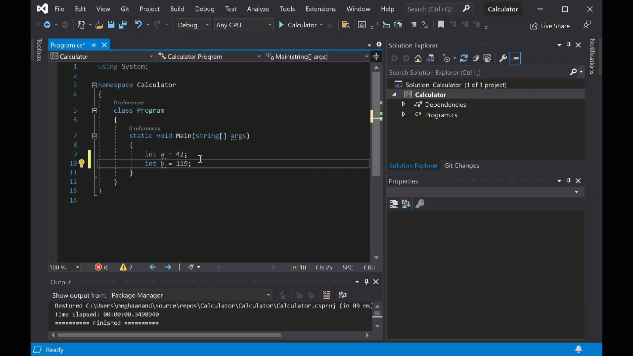 整数数学代码的动画,其中显示了 Visual Studio IDE 中的 IntelliSense 自动完成功能。