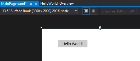 屏幕截图，显示 XAML 设计器画布上的按钮控件，按钮标签已更改为 Hello World！
