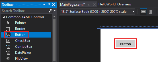 屏幕截图，显示“工具箱”窗口中突出显示的“按钮”和设计画布上的按钮控件。