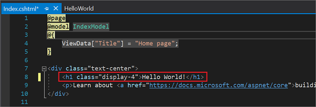 屏幕截图显示了 Visual Studio 代码编辑器中索引点 c s h t m l 文件,其中欢迎文本已更改为 Hello World!。