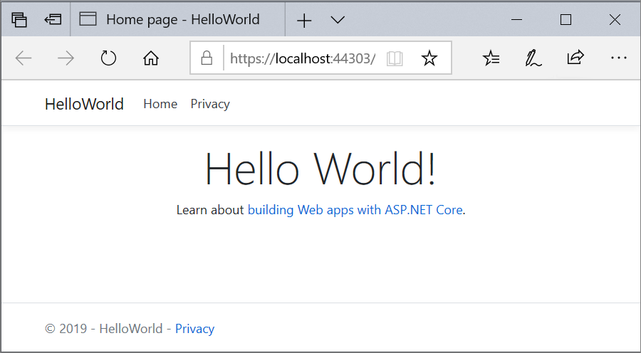 屏幕截图显示浏览器窗口中 Web 应用的主页。更新后的文本显示 Hello World!