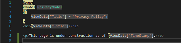 屏幕截图显示了在 Visual Studio 代码编辑器中打开的隐私.c s h t m l 文件,其中包含更新的文本。
