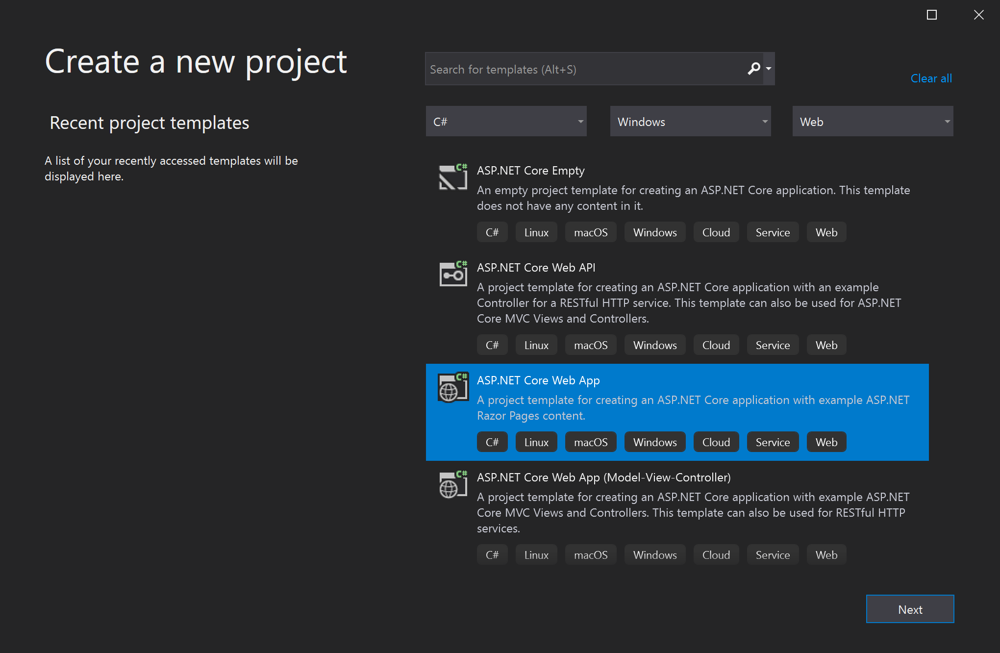 屏幕截图,显示 Visual Studio 的“新建项目”对话框中突出显示的 ASP.NET 核心 Web 应用项目模板。