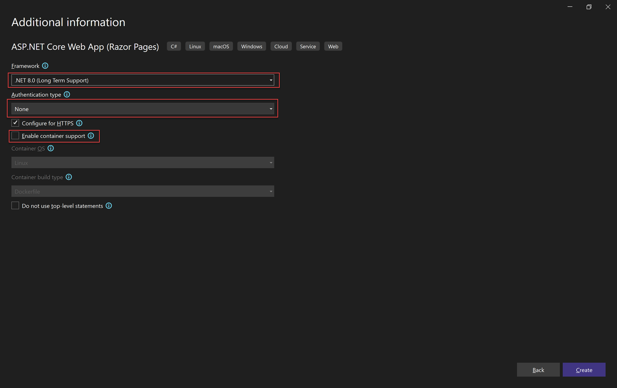屏幕截图,显示目标框架设置为 .NET 8.0 的“其他信息”窗口中的默认设置。
