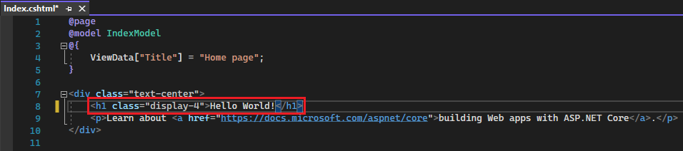 屏幕截图显示 Visual Studio Code 编辑器中的 Index.cshtml 文件,其中“欢迎”文本更改为“Hello World!”。