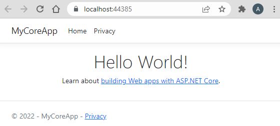 屏幕截图显示浏览器窗口中 Web 应用的主页。更新后的文本显示“Hello World!”