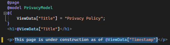 屏幕截图显示 Visual Studio Code 编辑器中打开的 Privacy.cshtml 文件,其中包含更新的文本。