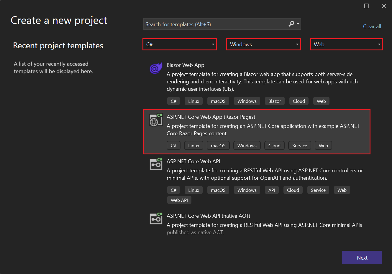 屏幕截图,其中显示了在“创建新项目”页上选中并突出显示 ASP.NET 核心 Web 应用项目模板。