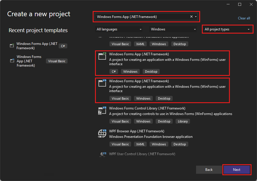 屏幕截图显示了“创建新项目”对话框,其中输入了 Windows 窗体和 Windows 窗体应用的选项。