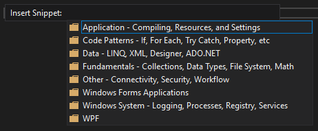 “插入代码段”窗口的屏幕截图,其中包含包含 Visual Basic 代码片段的类别文件夹列表。