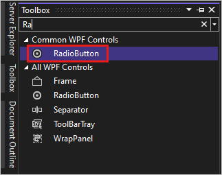 显示“工具箱”窗口的屏幕截图,其中选中了 Common WPF 控件列表中的 RadioButton 控件。