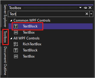 显示“工具箱”窗口的屏幕截图,其中突出显示了 Common WPF 控件列表中的 TextBlock 控件。