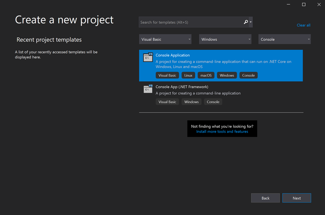 显示如何选择 Visual Basic、Windows 和控制台筛选器选项并选择控制台应用程序项目模板的屏幕截图。
