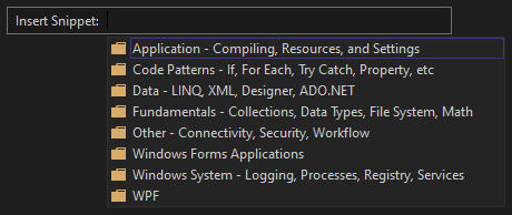 显示“插入代码段”窗口的屏幕截图,其中包含包含 Visual Basic 代码片段的类别文件夹列表。