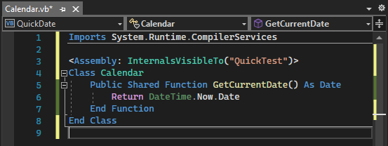 屏幕截图,显示添加 Imports 语句和 Assembly 属性行后 Visual Basic 代码编辑器窗口中Calendar.vb的代码。