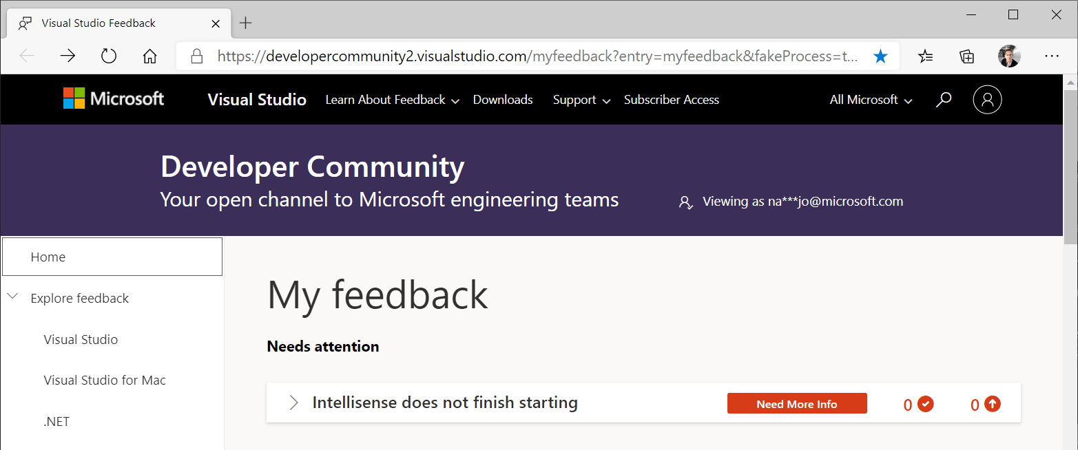 Visual Studio 反馈窗口主页的屏幕截图。列出了一个反馈项,并用红色的“需要更多信息”标签进行标记。