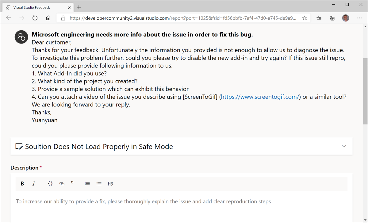 Visual Studio 反馈窗口的屏幕截图,其中显示了Microsoft请求解决问题的信息。