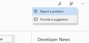 屏幕截图,显示 Visual Studio 安装程序右上角选择的反馈图标,并在上下文菜单中选择“报告问题”。