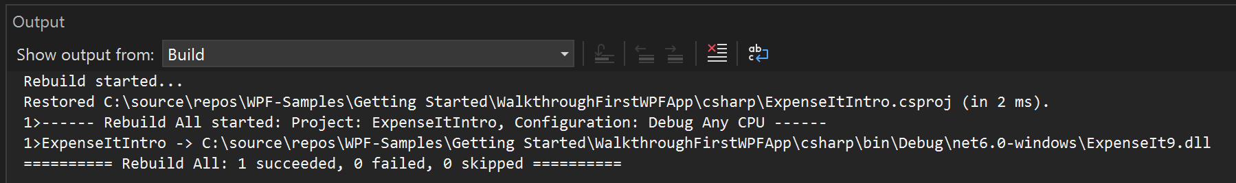 C# 的“输出”窗口的屏幕截图,其中未显示生成警告