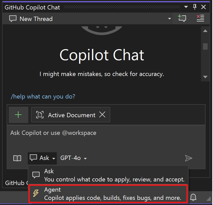 显示 Copilot 代理模式选择器的屏幕截图。