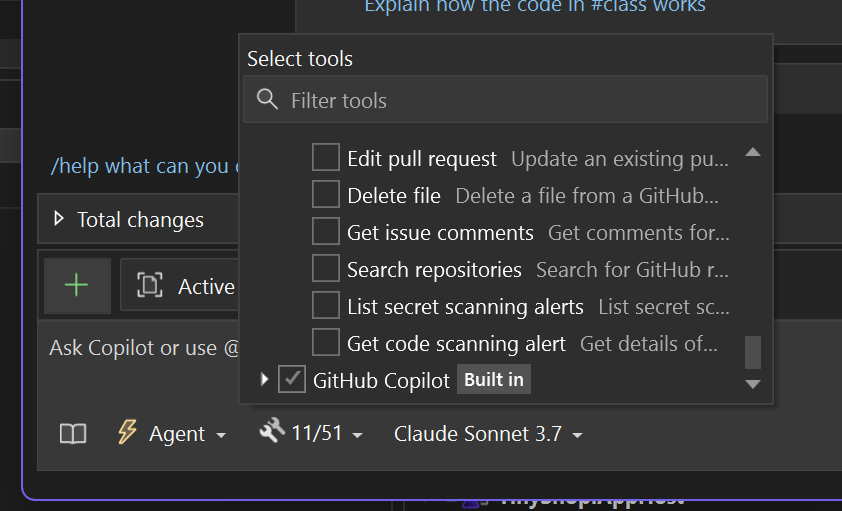 显示 MCP GitHub 工具的屏幕截图。