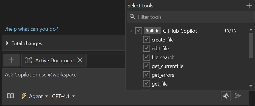 Visual Studio 聊天工具选取器中的加号按钮的屏幕截图,用于添加 MCP 服务器。