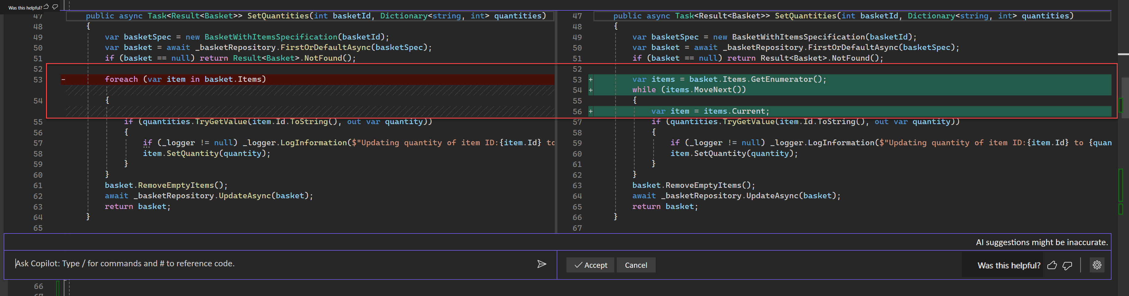 Visual Studio 差异视图中代码建议的屏幕截图。