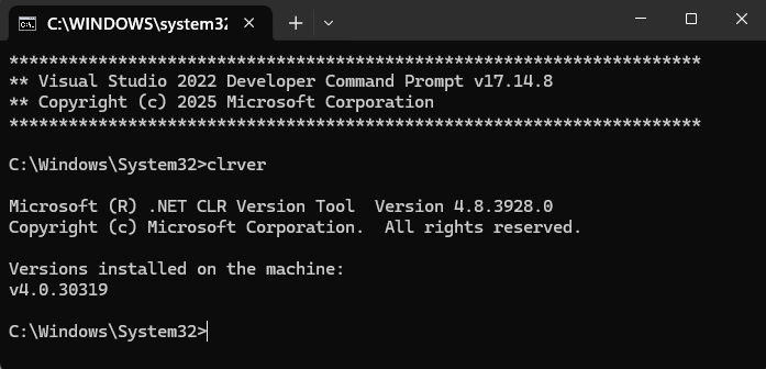 Visual Studio 开发人员命令提示符的屏幕截图。