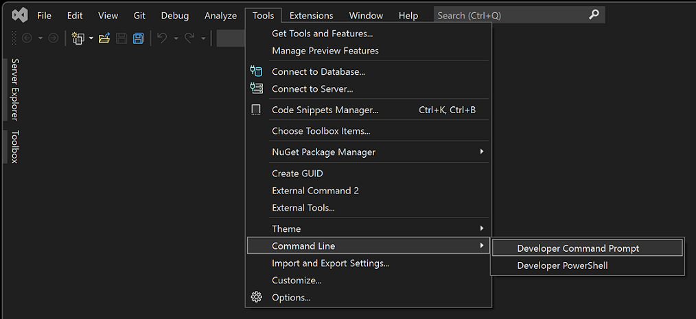 Visual Studio 中命令行菜单的屏幕截图。