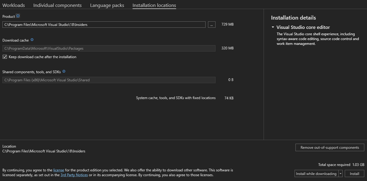 显示 Visual Studio 安装程序的“安装位置”选项卡的屏幕截图。