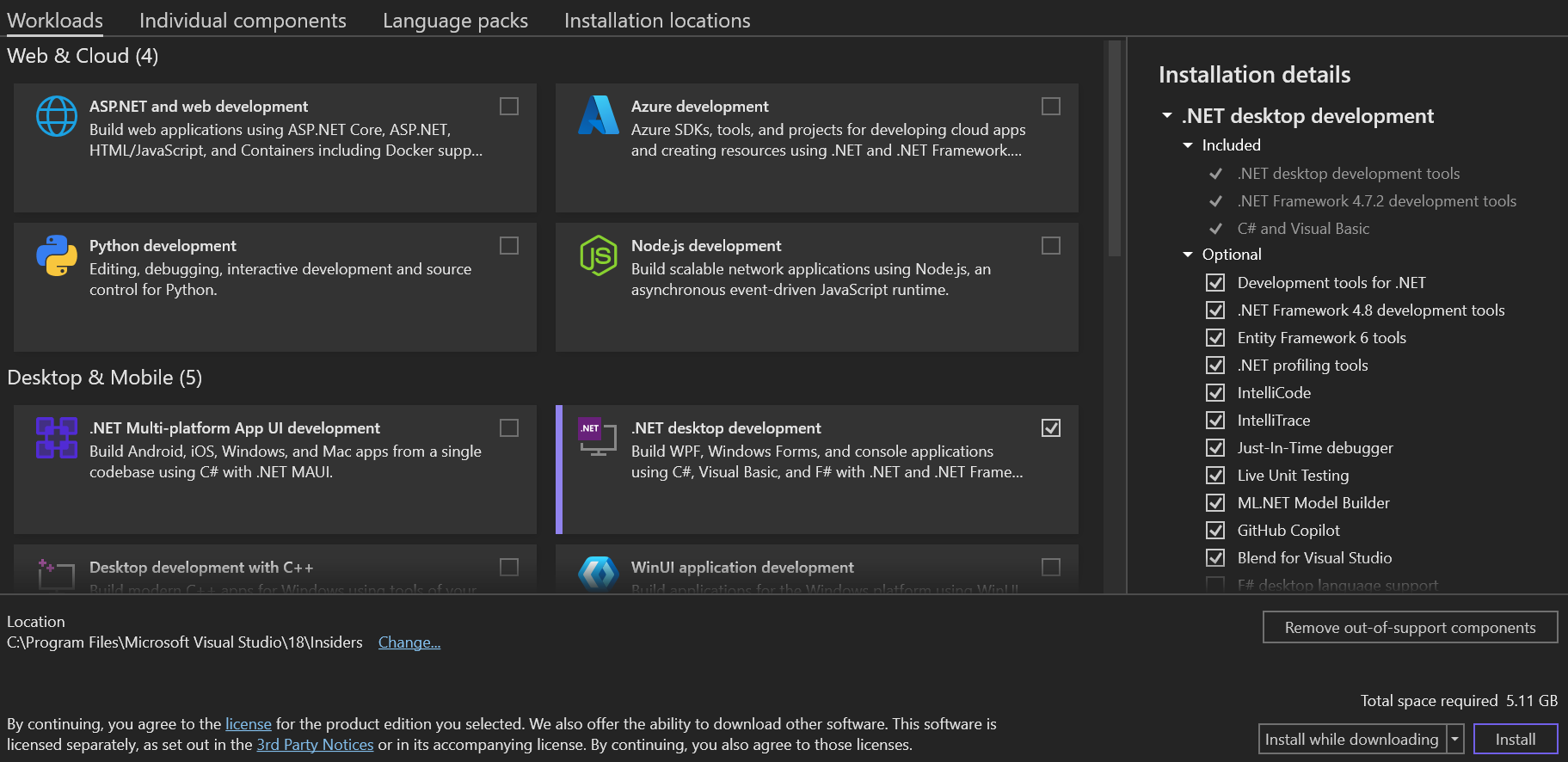 显示 Visual Studio 安装程序的“工作负荷”选项卡的屏幕截图。