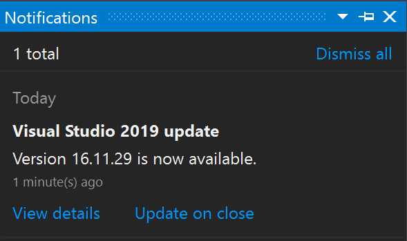 Visual Studio 2019 中的通知中心 显示 Visual Studio 2019 中的通知中心的屏幕截图。