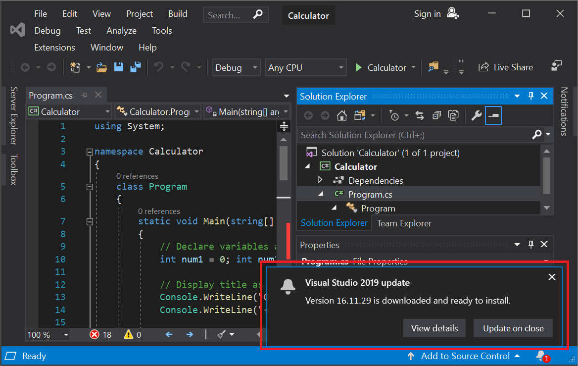 IDE 中的“Visual Studio 2019 更新”消息 显示 IDE 中的“Visual Studio 2019 更新”消息的屏幕截图。