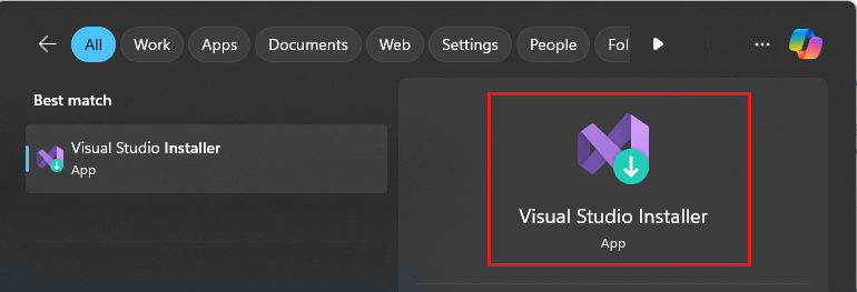 搜索 Visual Studio 安装程序 显示 Visual Studio 安装程序的“开始”菜单搜索结果的屏幕截图。