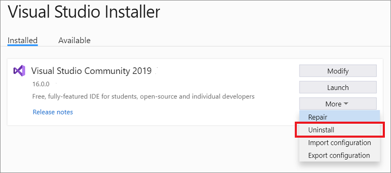 显示如何使用 Visual Studio 安装程序卸载 Visual Studio 的屏幕截图。