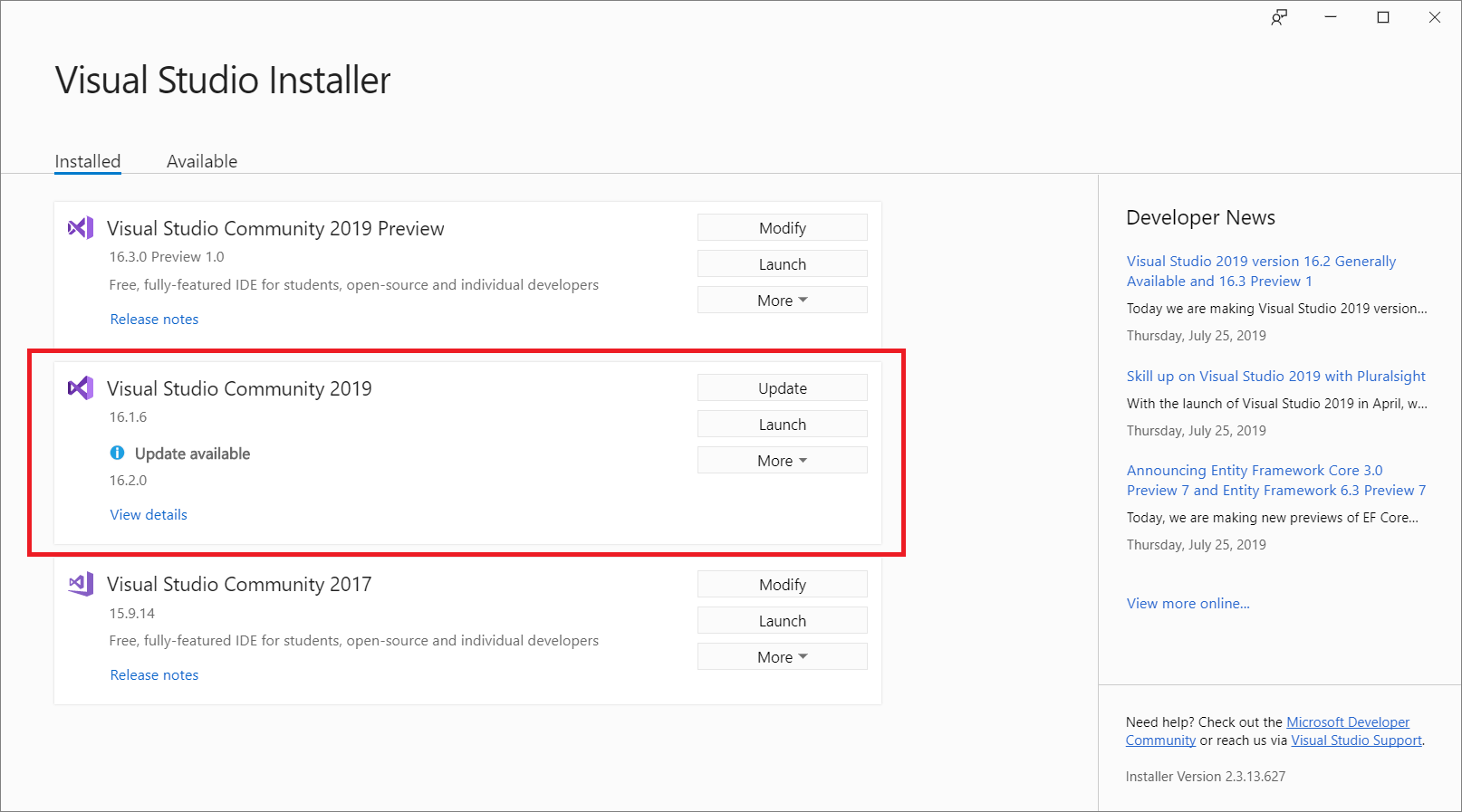选择要更新的 Visual Studio 2019 版本 显示带有可用更新的 Visual Studio 2019 安装的屏幕截图。