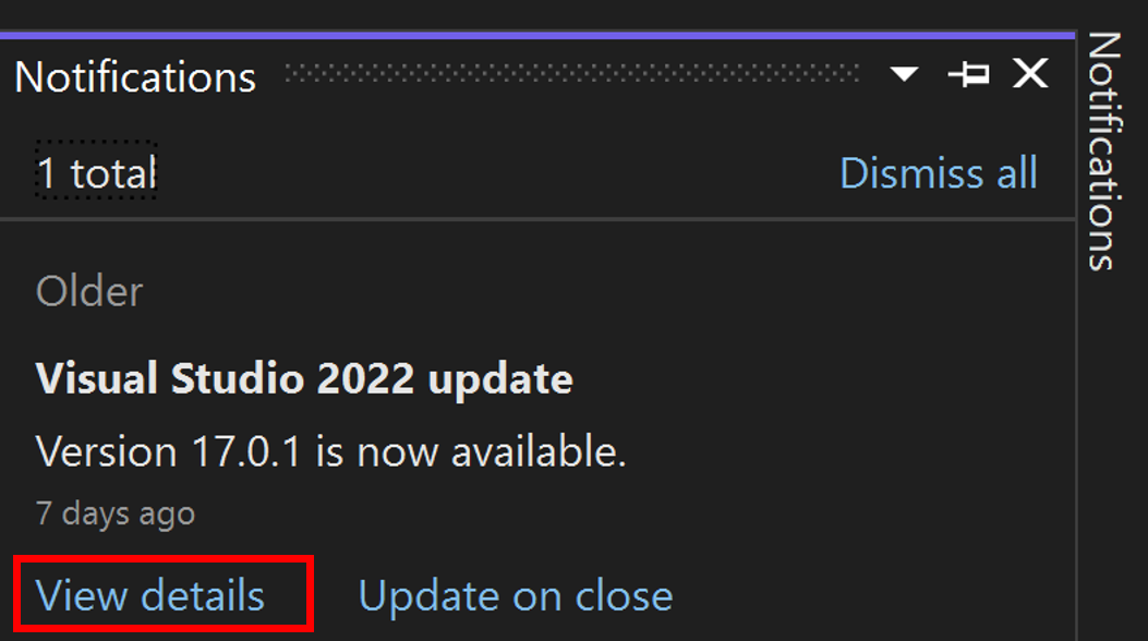 Visual Studio 2022 中的通知中心 显示 Visual Studio IDE 中的通知中心的屏幕截图。