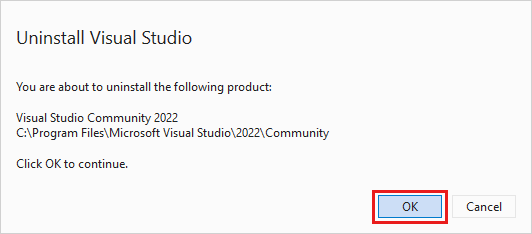 显示用于确认要卸载 Visual Studio 2022 的对话框的屏幕截图。