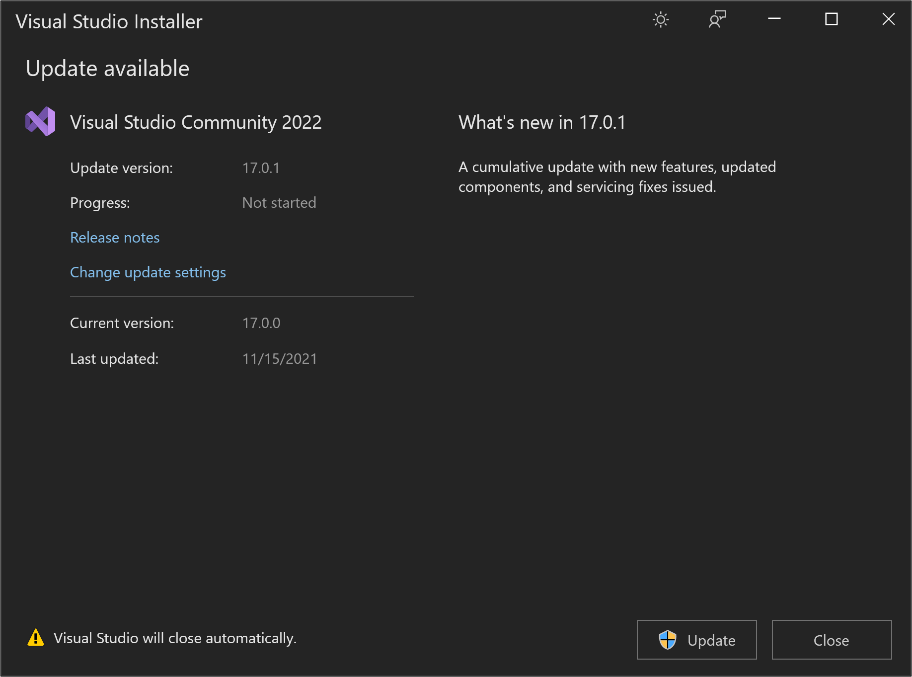在“可用更新”对话框中选择“更新”按钮 显示 Visual Studio 2022 中“可用更新”对话框中的“更新”按钮的屏幕截图。