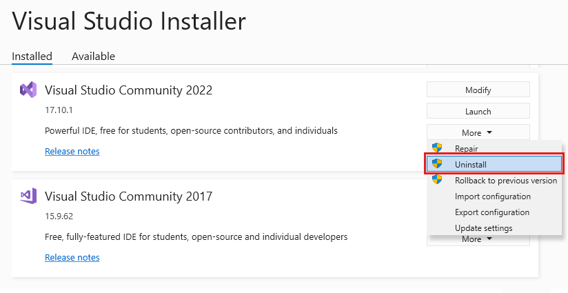 显示如何使用 Visual Studio 安装程序卸载 Visual Studio 的屏幕截图。